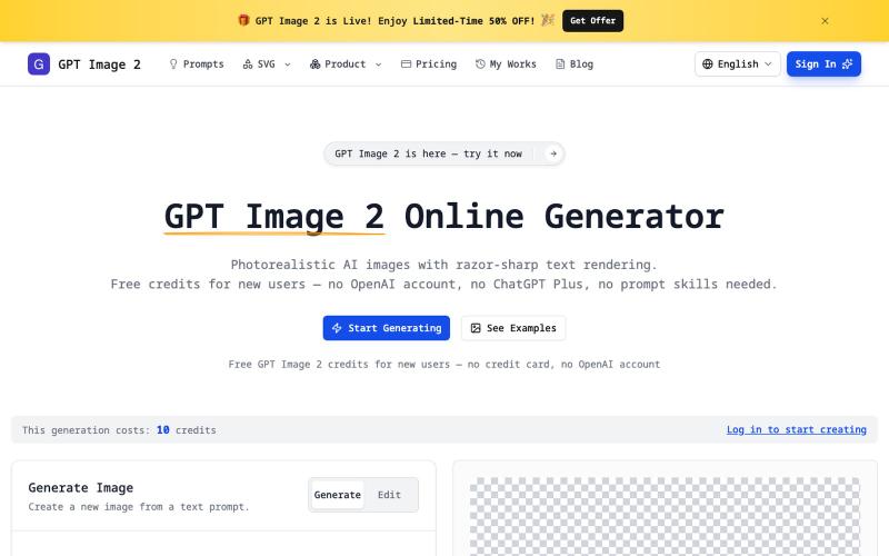 GPT Image 2 Online Generator — Photorealistic, Sharp Text — screenshot