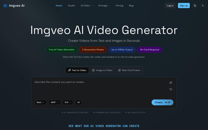 Imgveo AI - Free AI Video Generator | Text to Video & Image to Video — screenshot
