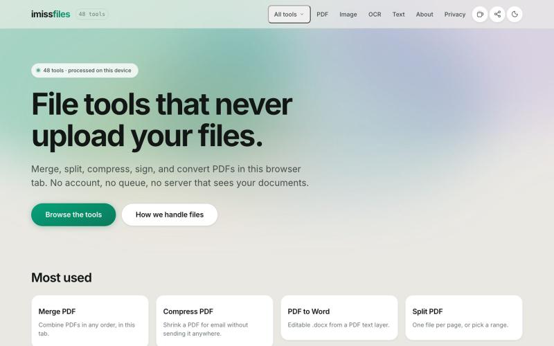 Free PDF Tools That Never Upload Your Files | imissfiles — screenshot