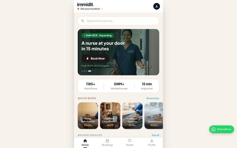 immidit — Nurse at Home in Gurgaon | Care. Immediately. — screenshot