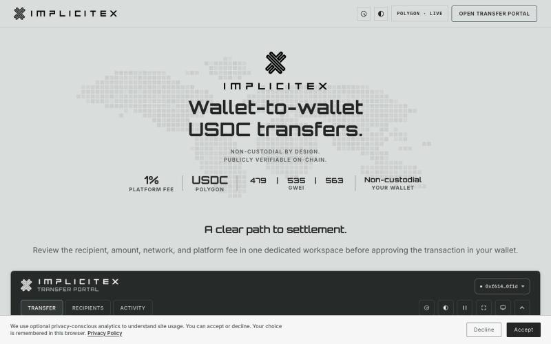 ImplicitEx — Send USDC without platform custody. — screenshot