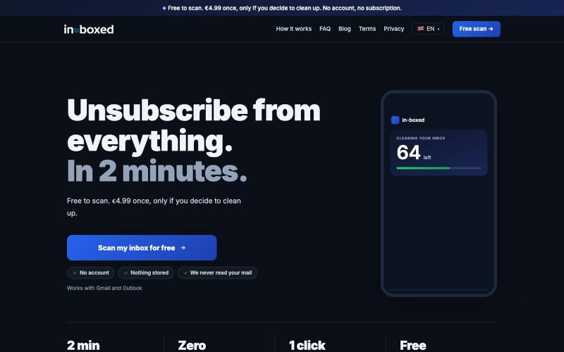 in-boxed, unsubscribe from everything. No account needed. — screenshot