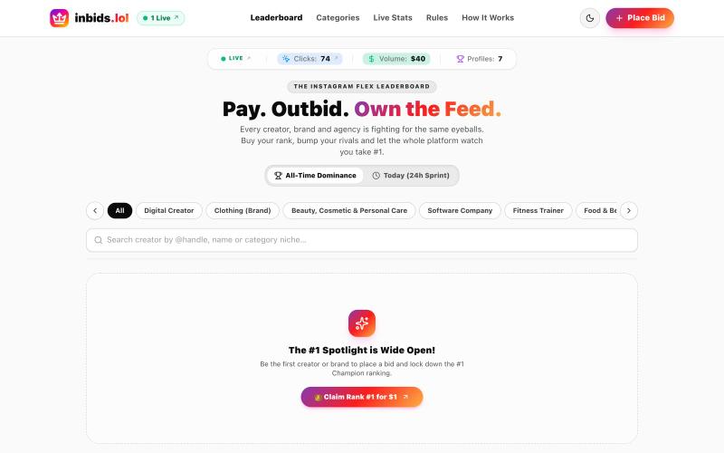inbids.lol — The Instagram Pay-to-Rank Leaderboard — screenshot