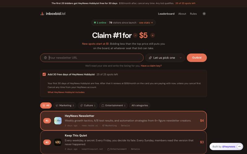 inboxbid — the newsletter bidding leaderboard — screenshot