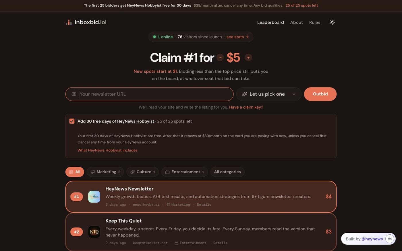 inboxbid — the newsletter bidding leaderboard — screenshot