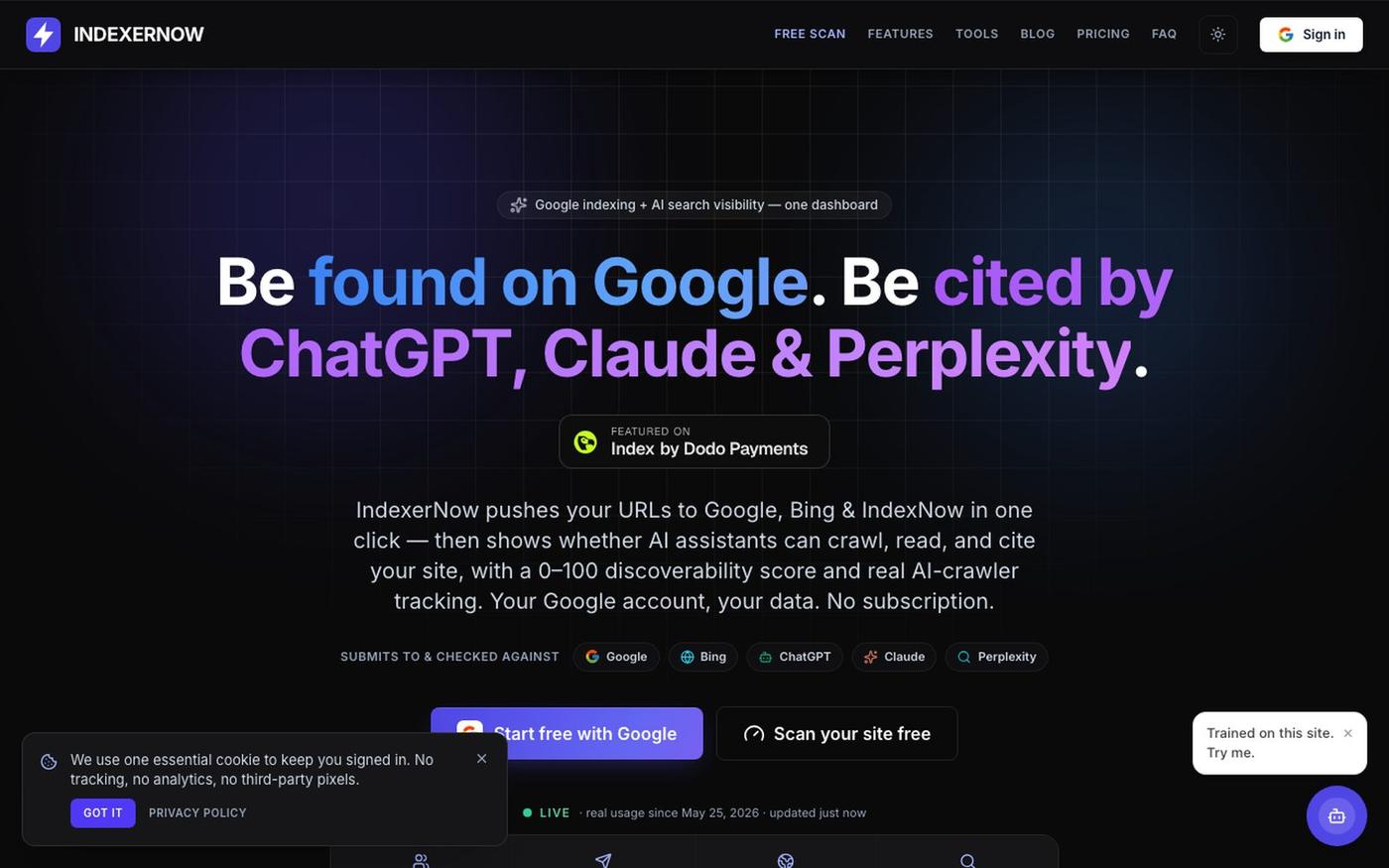 IndexerNow — Submit URLs to Google & IndexNow, Get Cited by AI — screenshot