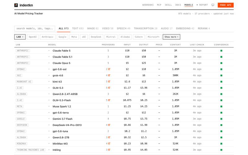 indextkn · AI Model Pricing Tracker — screenshot