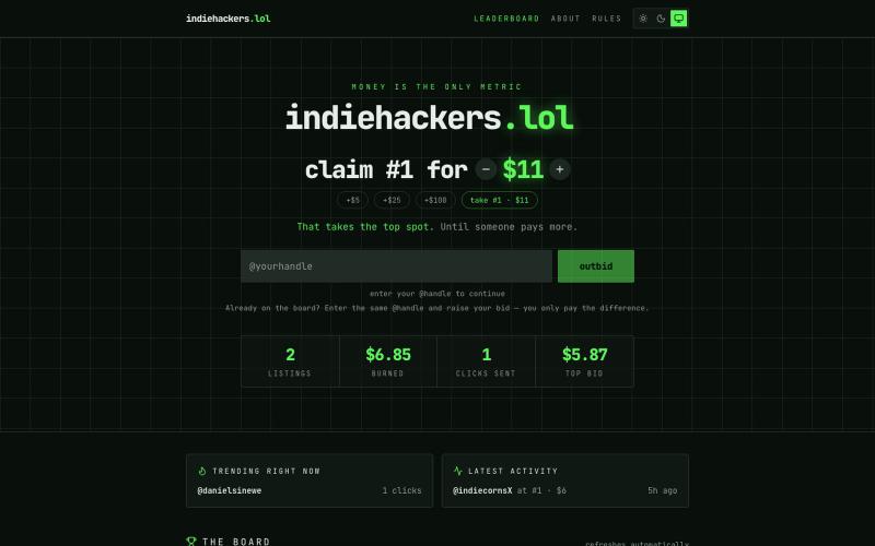 indiehackers.lol — pay to rank, get outbid — screenshot