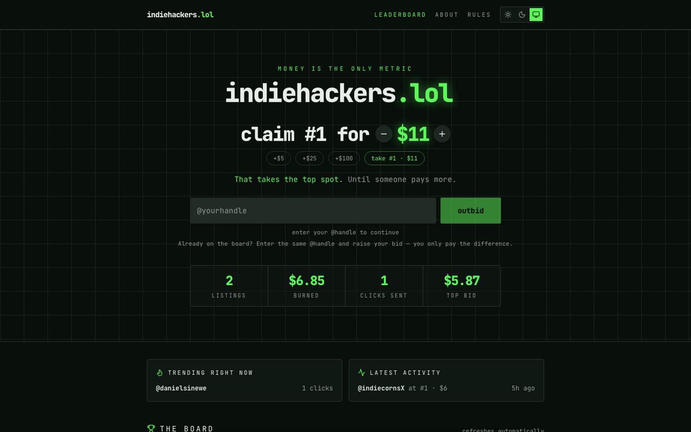indiehackers.lol — pay to rank, get outbid — screenshot
