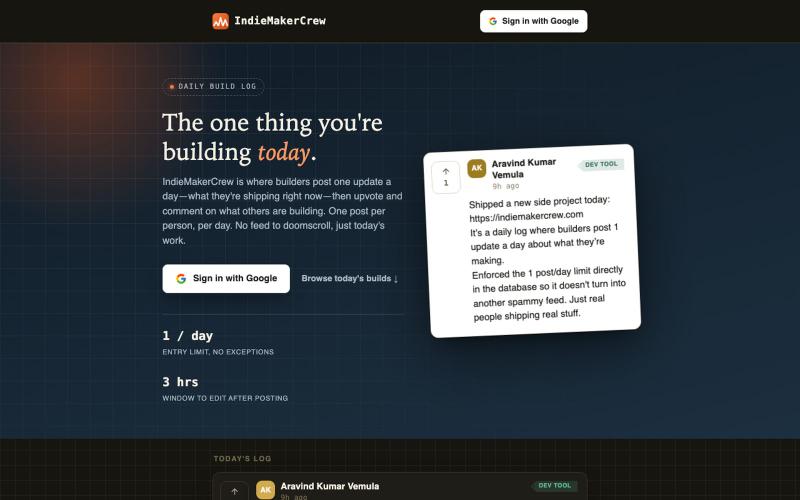 IndieMakerCrew — One entry a day for indie builders — screenshot