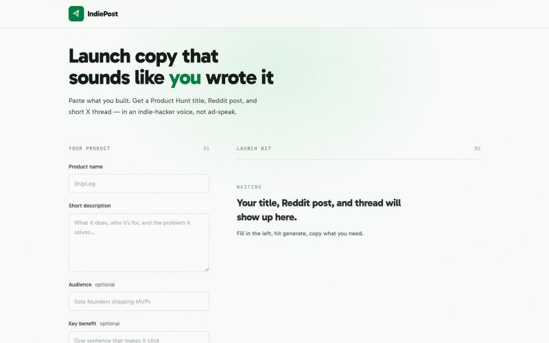 IndiePost — Launch copy for indie makers — screenshot