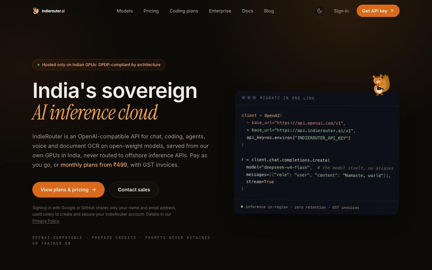 IndieRouter - India's sovereign AI inference cloud — screenshot