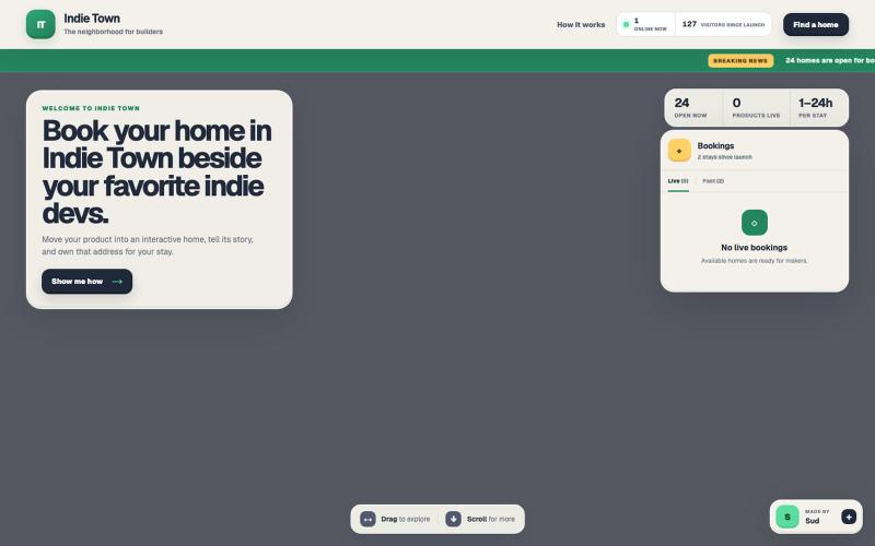 Indie Town — Book a home for your product — screenshot