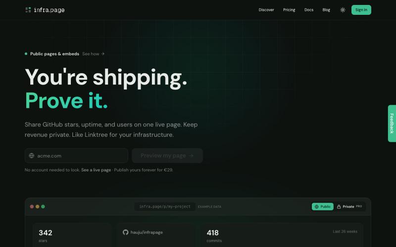 infrapage — Your project's live numbers, one page — screenshot