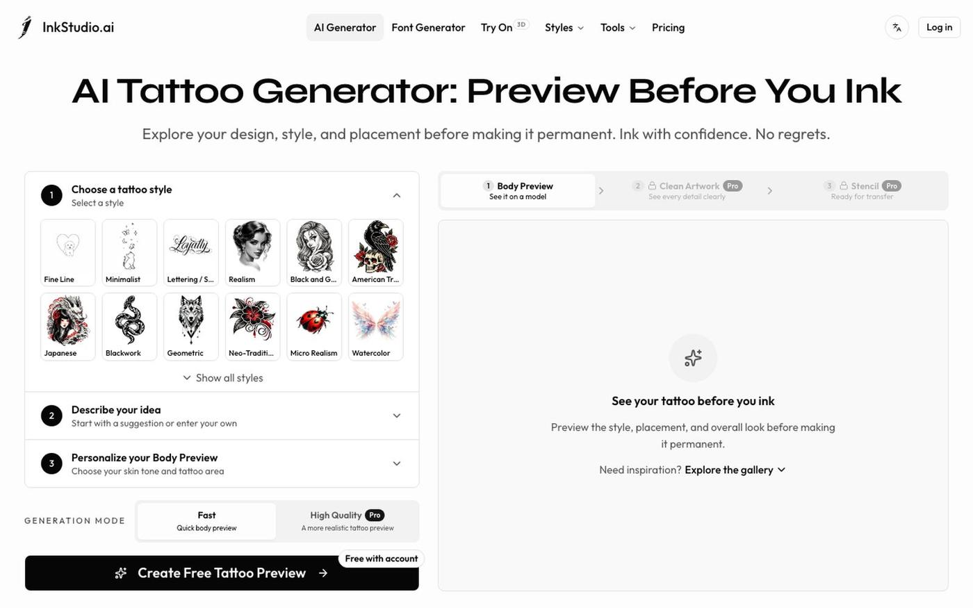 AI Tattoo Generator for Professional Designs | InkStudio.ai — screenshot