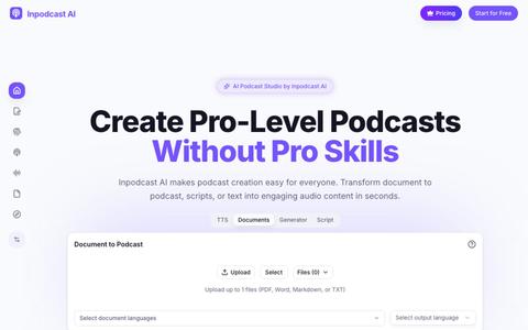 AI Podcast Generator & Document to Podcast | Inpodcast AI — screenshot