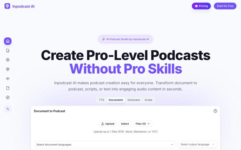 AI Podcast Generator & Document to Podcast | Inpodcast AI — screenshot