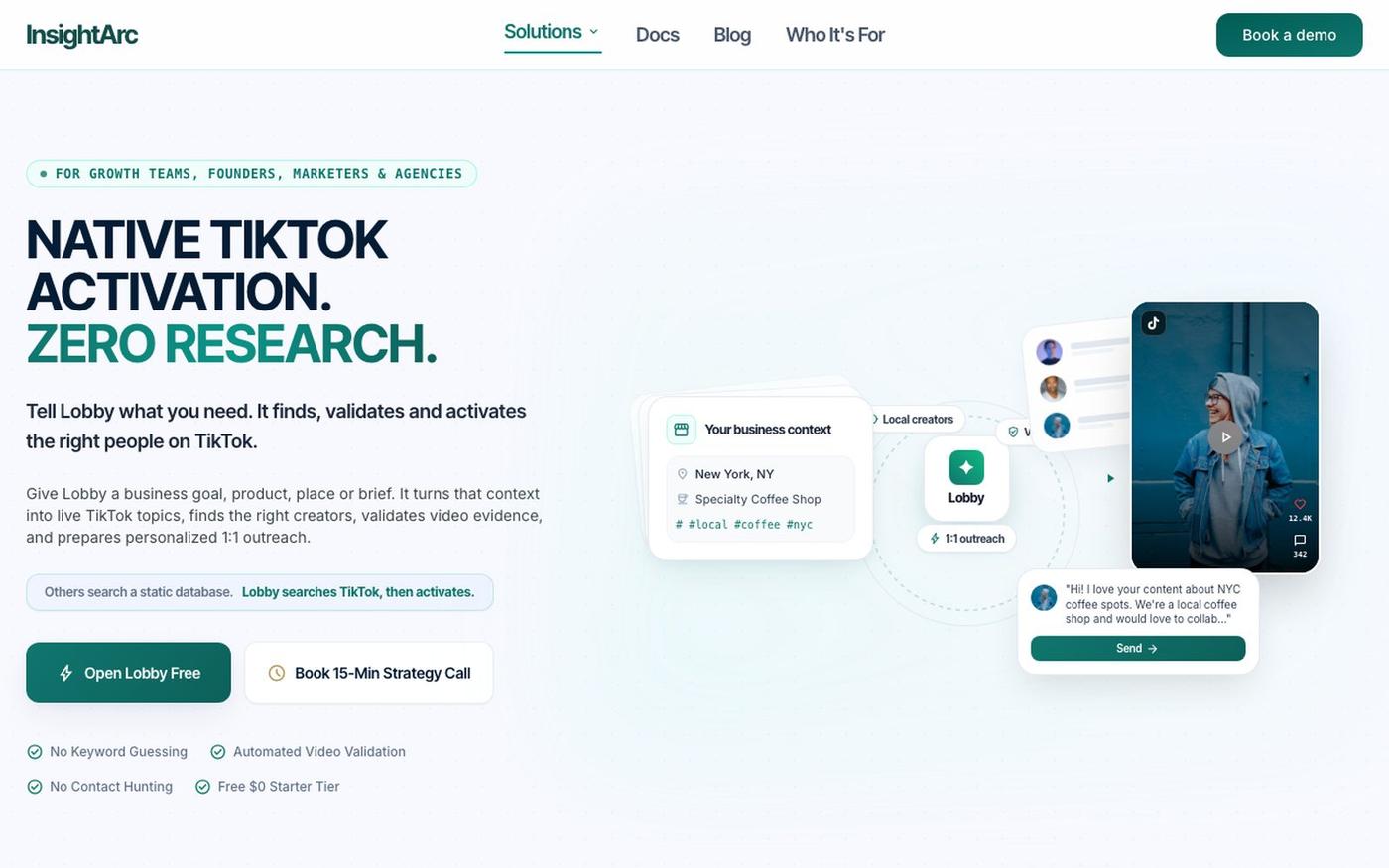 Lobby | Native TikTok Activation. Zero Research. — screenshot