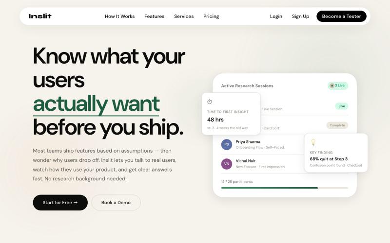 Inslit — UX Research & Usability Testing Platform — screenshot