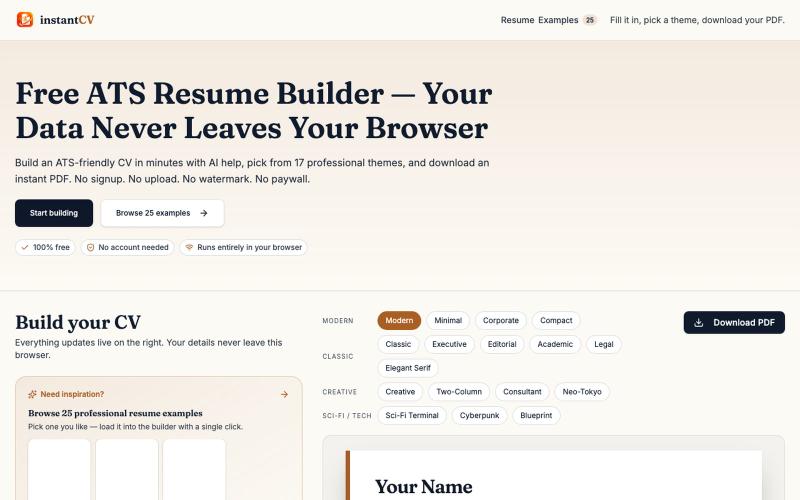 InstantCV — Free AI Resume and CV Builder — screenshot