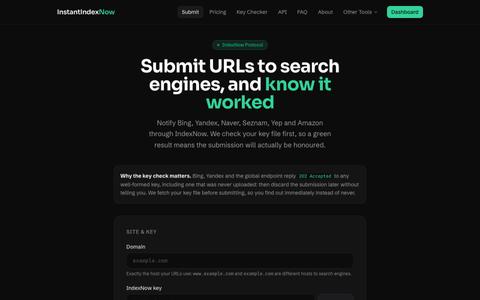 Submit URLs via IndexNow: Verified First | InstantIndexNow — screenshot