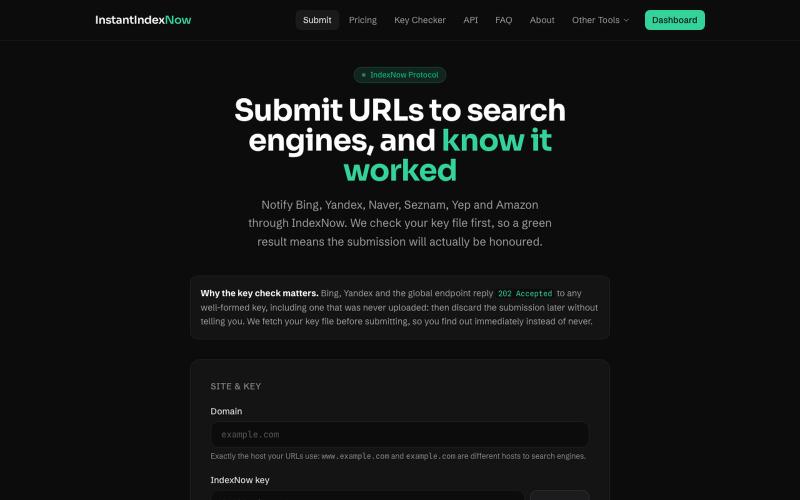 Submit URLs via IndexNow: Verified First | InstantIndexNow — screenshot