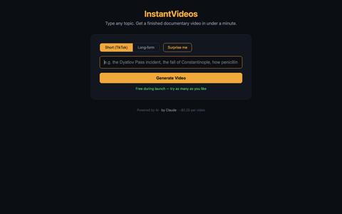 InstantVideos — AI documentary videos in 30 seconds — screenshot