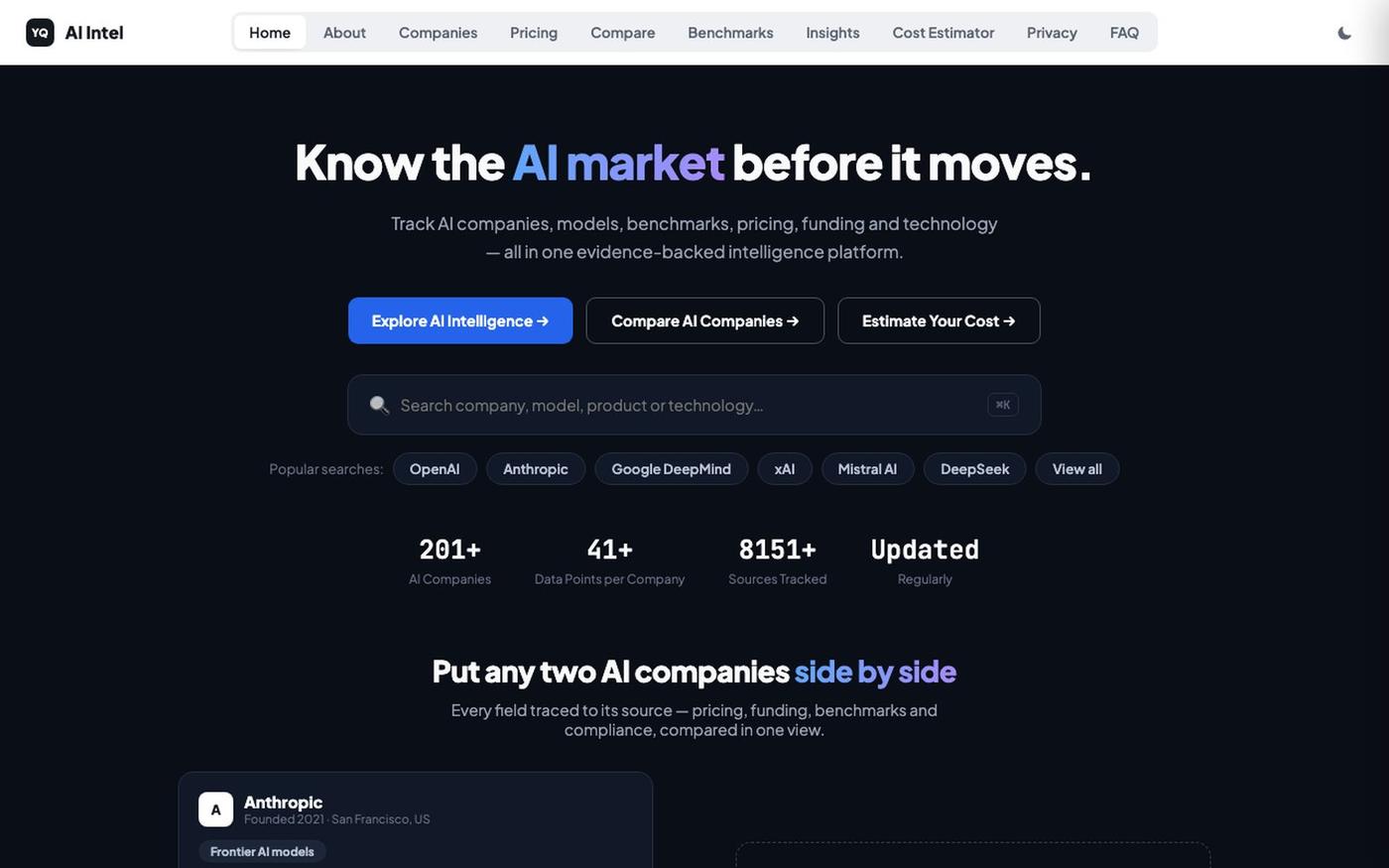 AI Intel by YQuest Consulting — AI Company & Market Intelligence — screenshot