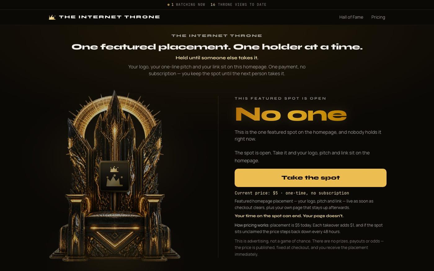 The Internet Throne — one featured placement, one holder at a time — screenshot