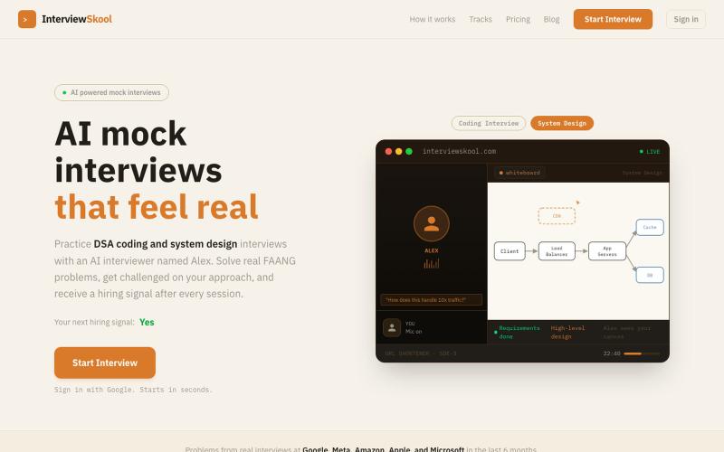 InterviewSkool — AI Mock Coding & System Design Interviews for FAANG — screenshot