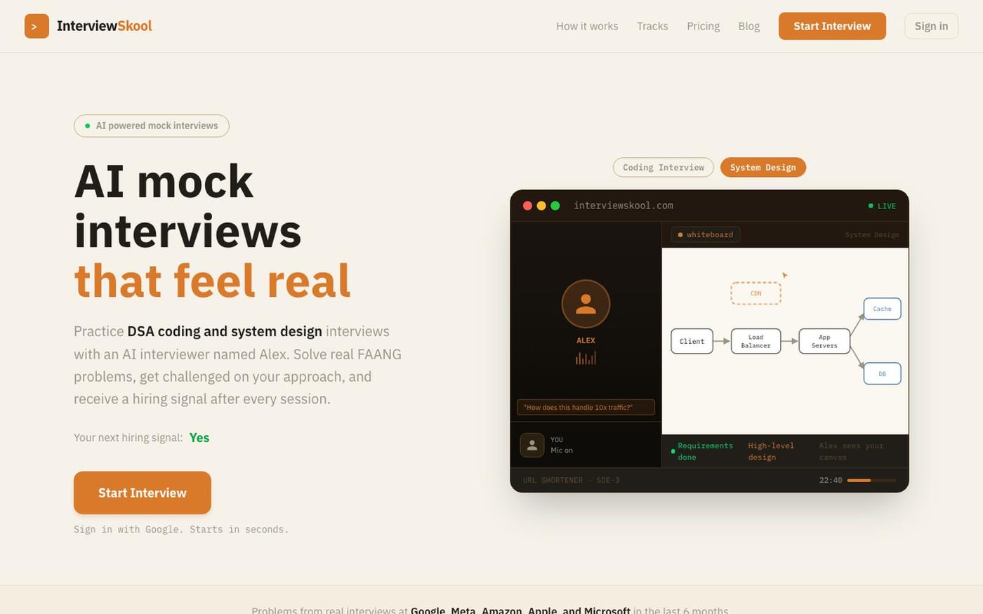InterviewSkool — AI Mock Coding & System Design Interviews for FAANG — screenshot