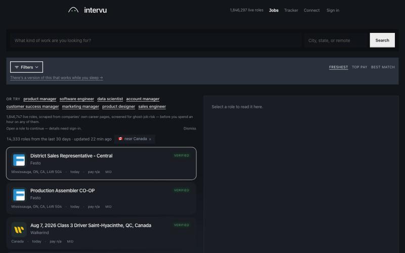 Intervu — live jobs, checked for ghost postings — screenshot