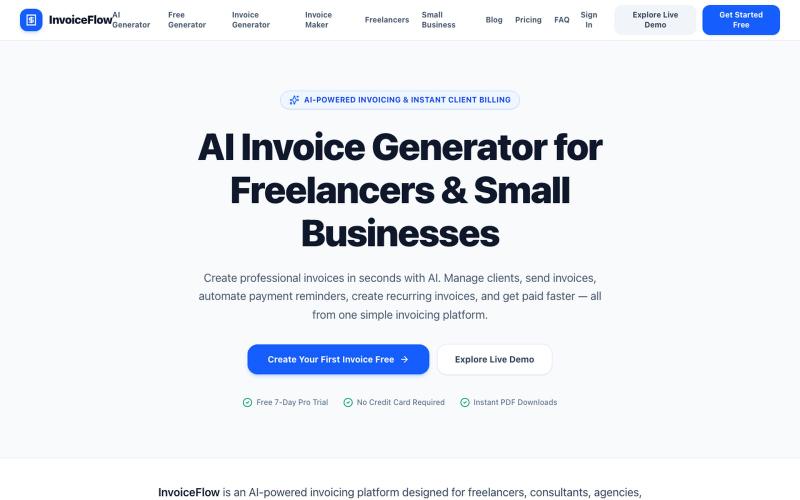 AI Invoice Generator for Freelancers & Small Businesses | InvoiceFlow — screenshot