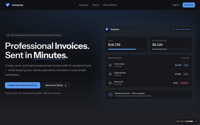 Invovanta | AI-Powered Invoicing Software for Freelancers & Businesses — screenshot