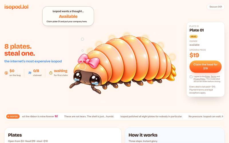 isopod.lol — 8 plates. Steal one. — screenshot