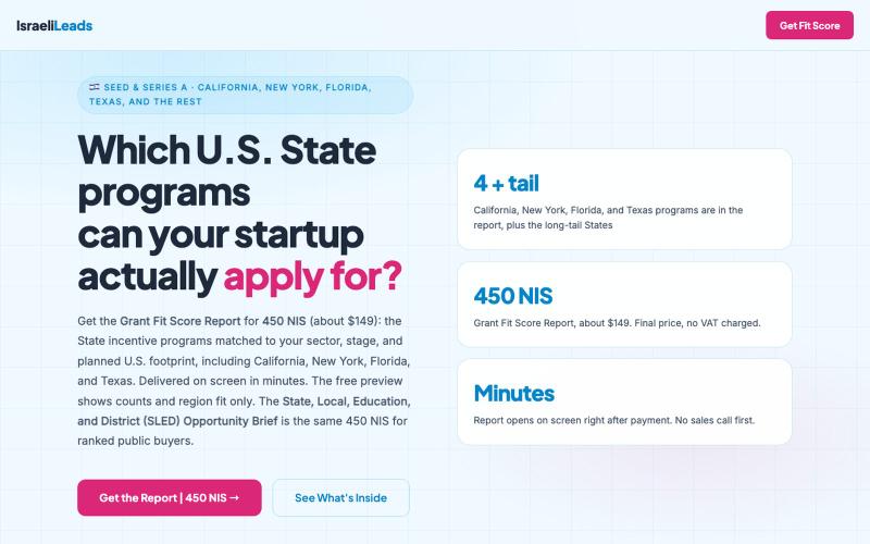 Grant Fit Score Report | 450 NIS | U.S. State Grants for Israeli Startups | Isra — screenshot