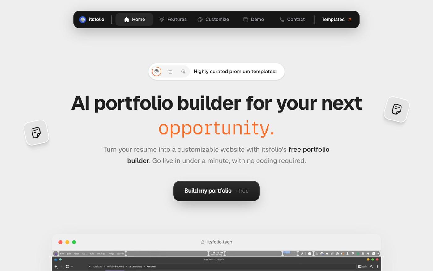 AI Portfolio Builder: Create a Free Portfolio | itsfolio — screenshot
