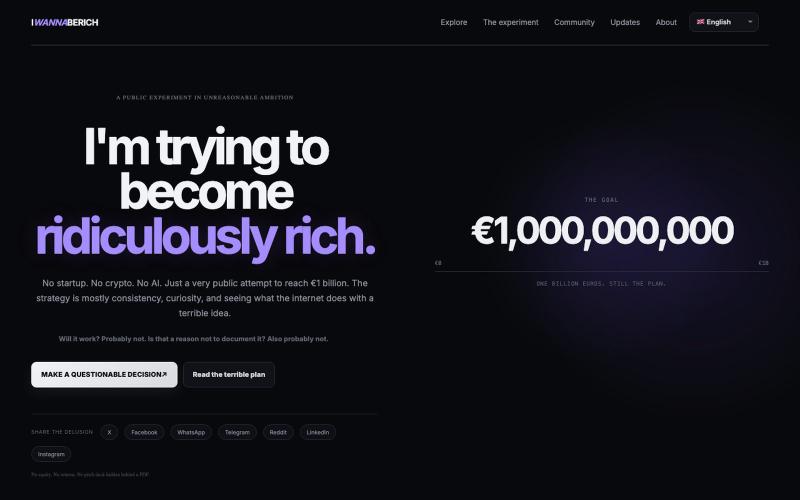 IWANNABERICH — I'm trying to go from €0 to €1 billion in public. — screenshot