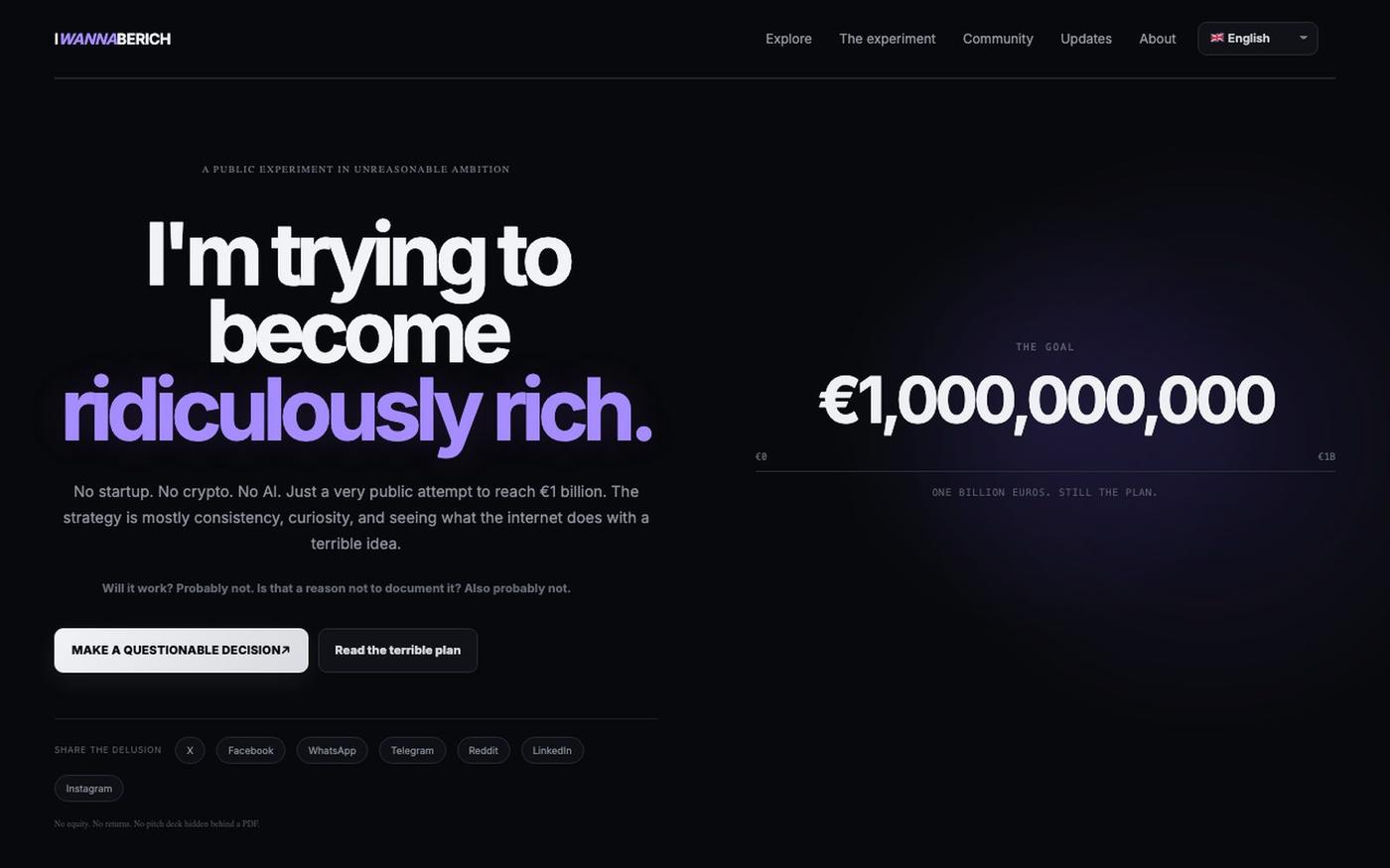 IWANNABERICH — I'm trying to go from €0 to €1 billion in public. — screenshot