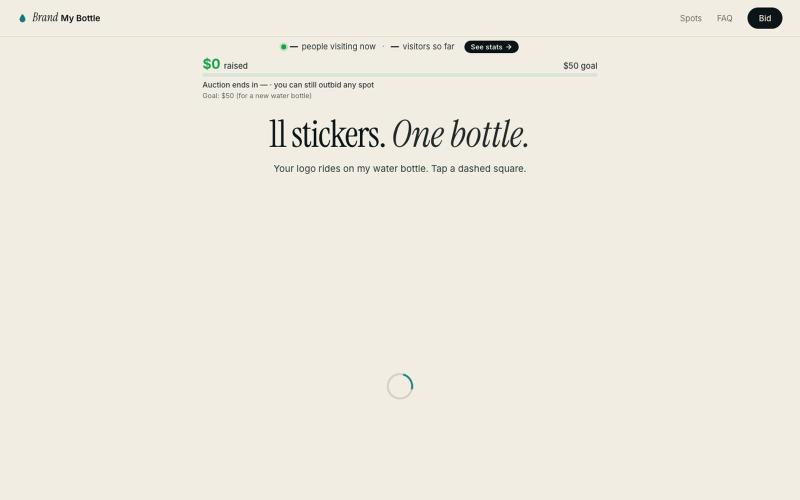 Brand My Bottle — 11 stickers, 1 bottle, live auction — screenshot