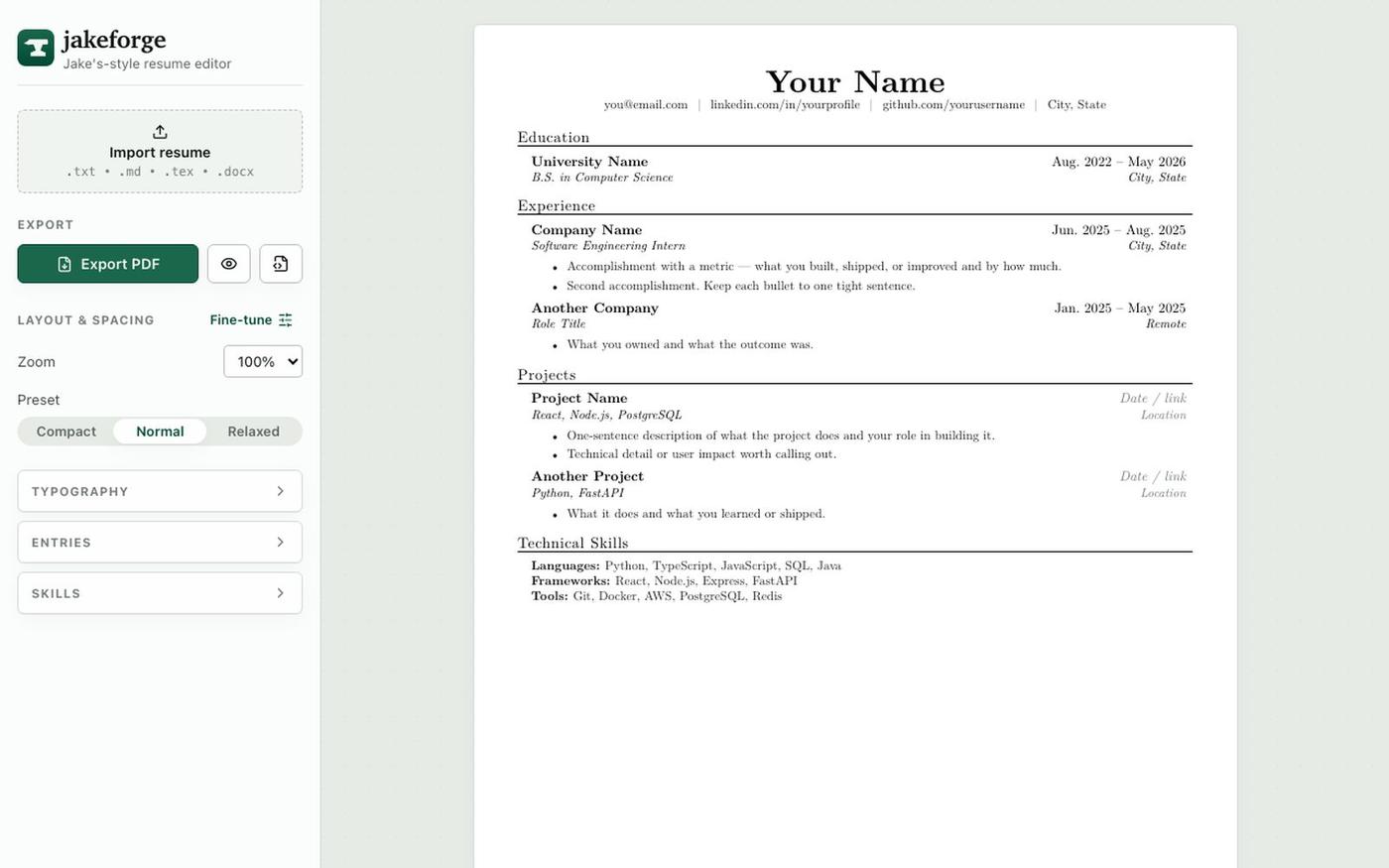 jakeforge — Jake's-style resume editor — screenshot