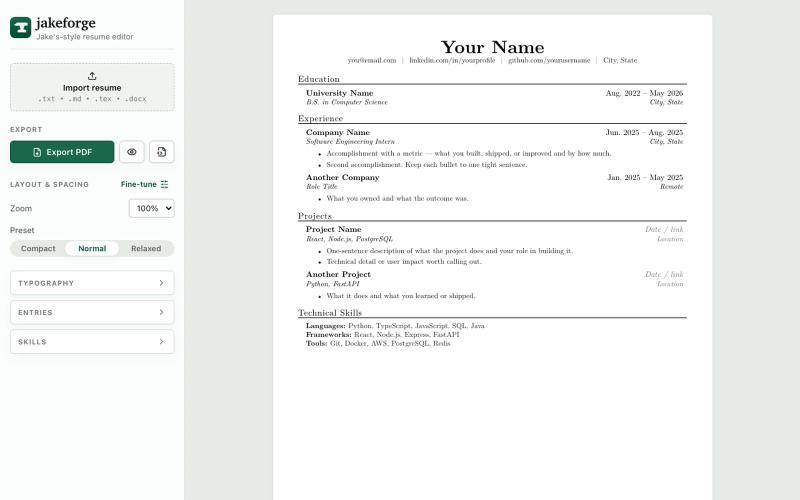 jakeforge — Jake's-style resume editor — screenshot