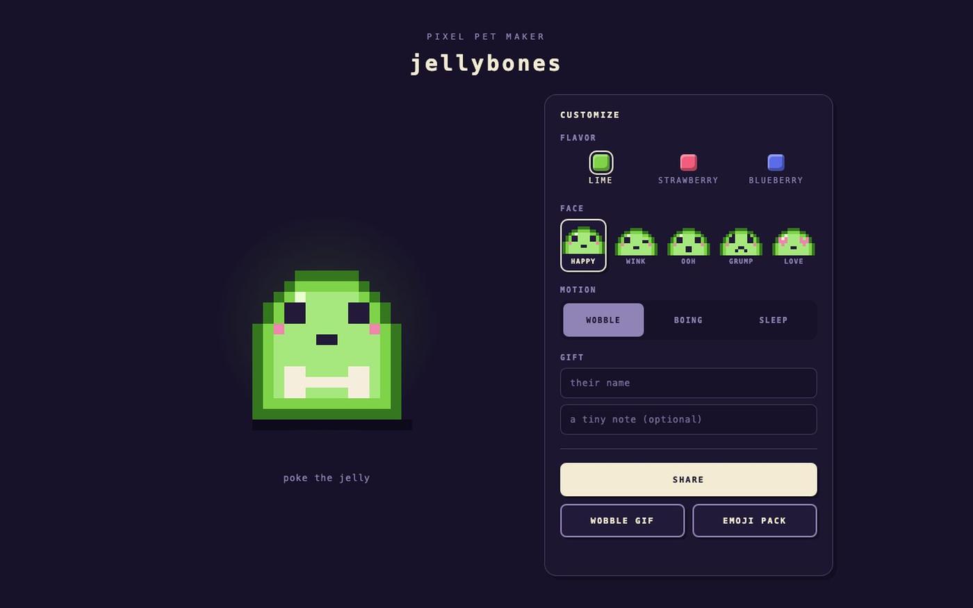 jellybones — tiny wobbly pixel pets — screenshot