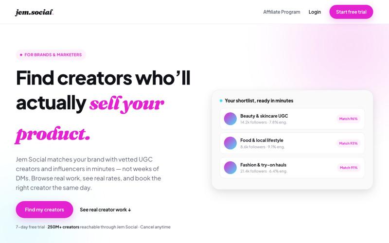 Jem Social | Influencer Marketing Platform & Search Tool — screenshot