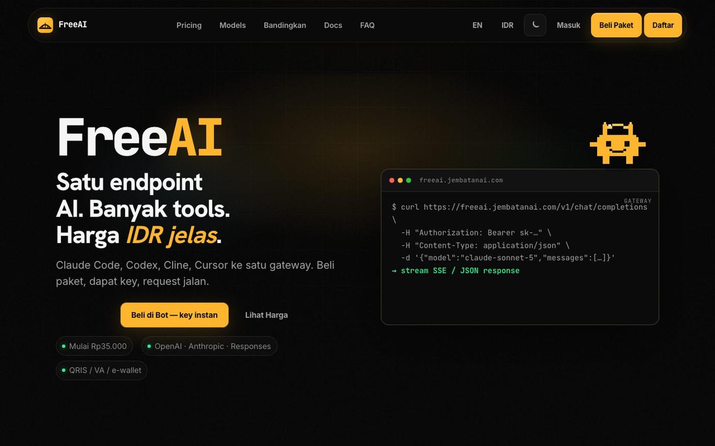 FreeAI by JembatanAI - Satu Endpoint AI untuk Developer Indonesia — screenshot