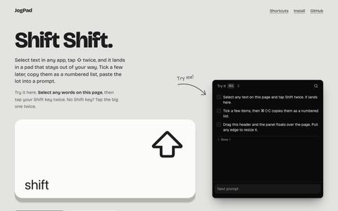JogPad - select text anywhere on your Mac, tap Shift twice — screenshot