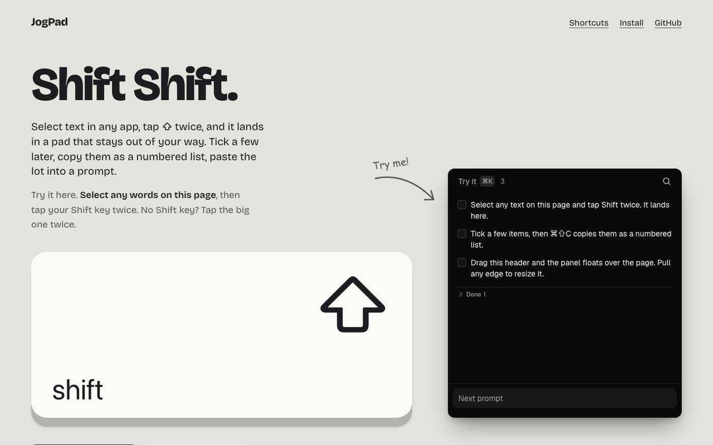JogPad - select text anywhere on your Mac, tap Shift twice — screenshot