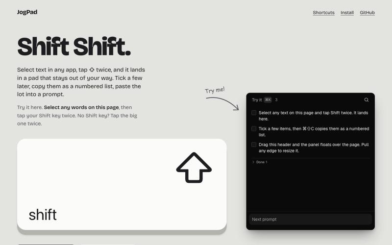 JogPad - select text anywhere on your Mac, tap Shift twice — screenshot