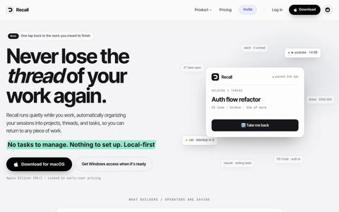 Recall | AI memory for your work sessions — screenshot