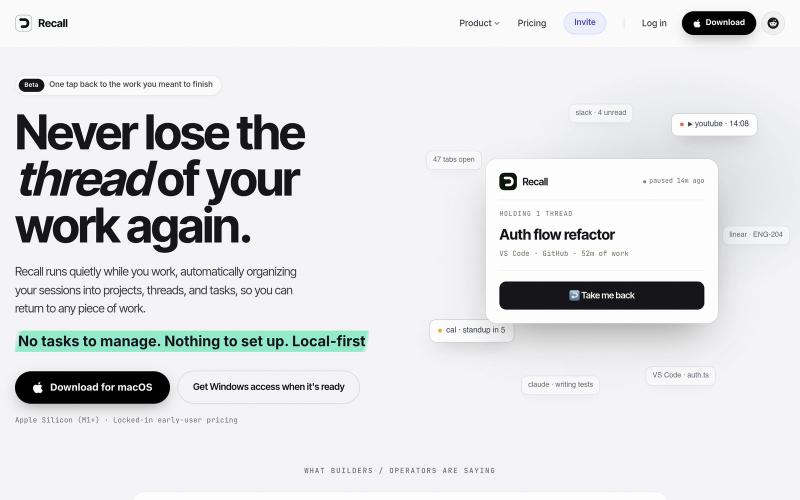 Recall | AI memory for your work sessions — screenshot